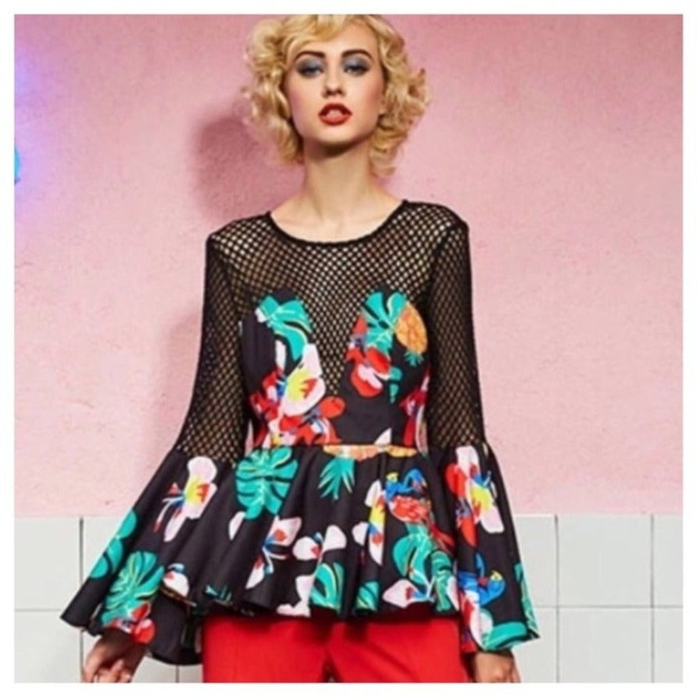 Floral Colorful Mesh Peplum Top XS Small